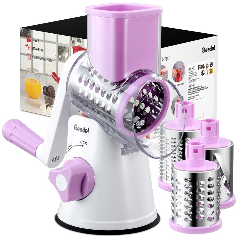Geedel Rotary Cheese Grater, Kitchen Mandoline Vegetable Slicer with 3 Interchangeable Blades, Easy to Clean Rotary Grater Slicer for Fruit, Vegetables, Nuts - Image 1