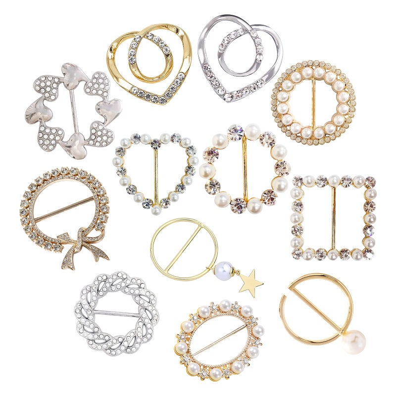 Scarf Tie Buckle Rings for Women12PCS Metal Party T Shirt Pearls Rhinestone ClipsClothes Corner Knotted Button for Women Girls Decorative Accessories TXZWJZ