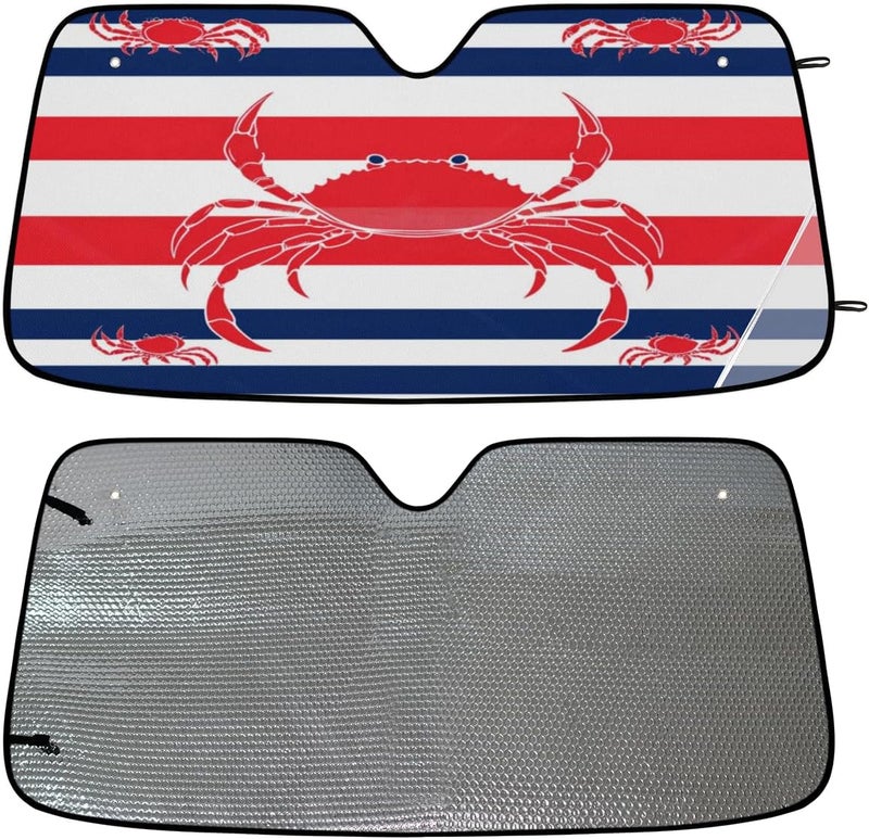 Red Crab Car Windshield Sunshade, Foldable Sun Shield Keep Your Vehicle Cool, Red Blue Stripe - Image 4