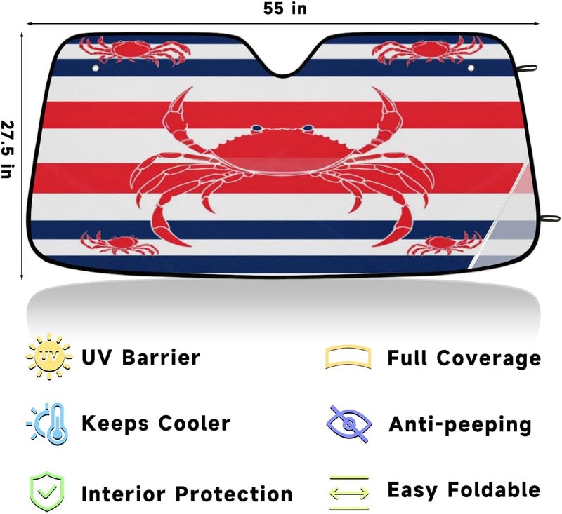 Red Crab Car Windshield Sunshade, Foldable Sun Shield Keep Your Vehicle Cool, Red Blue Stripe - Image 3