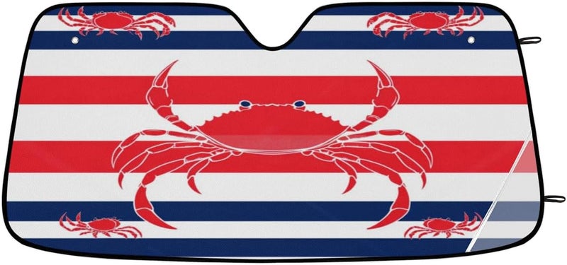 Red Crab Car Windshield Sunshade, Foldable Sun Shield Keep Your Vehicle Cool, Red Blue Stripe - Image 2