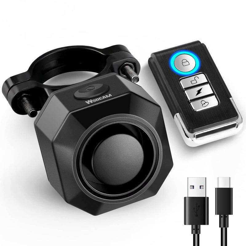 جهاز إنذار دراجة هوائية قابل لإعادة الشحن عبر USB مع جهاز تحكم عن بُعد 110 ديسيبل إنذار قوي لاسلكي مضاد للسرقة حساس للحركة نظام أمان المركبات إنذار دراجة هوائية مقطورة دراجة نارية مقاوم للماء