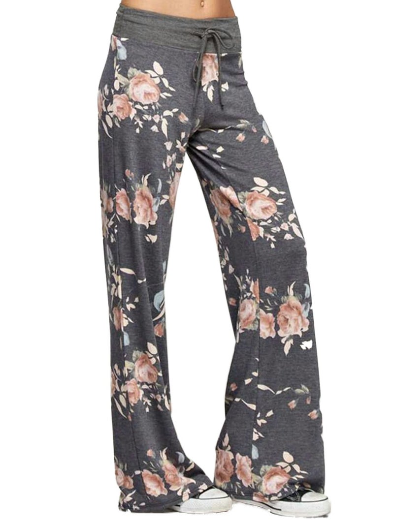 iChunhua Women's Comfy Stretch Floral Print Drawstring Palazzo Wide Leg Lounge Pants(L,Dark Grey) - Image 2