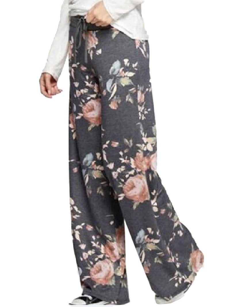 iChunhua Women's Comfy Stretch Floral Print Drawstring Palazzo Wide Leg Lounge Pants(L,Dark Grey) - Image 1