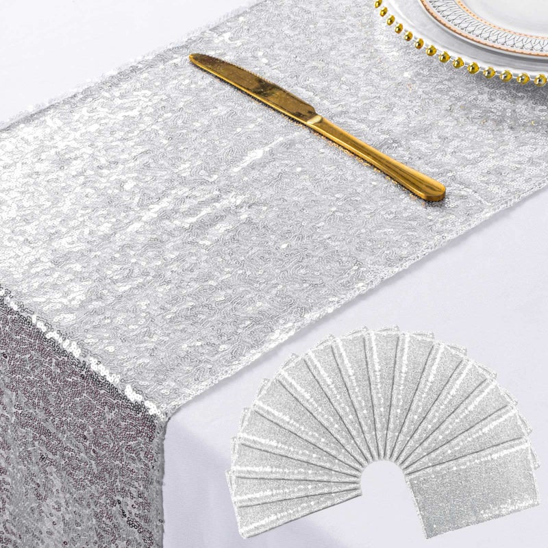 ShinyBeauty Sequin Table Runners Silver 15 Packs 12x108 Table Runner for Party Glitter Table Runner 108 Inches Long Table Linens for Weddings Sparkly Table Cover Event Table Decor