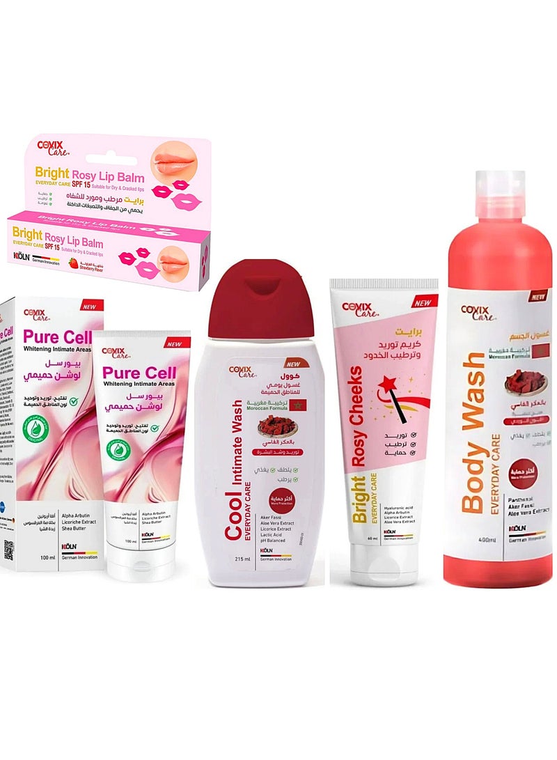covix The brightening and enhancing set from Covex contains [Cool Intimate Wash', 'Pure Cell Whitening Intimate', 'Bright Rosy Cheeks', 'Bright Rosy Lip Balm', and 'Body Wash'] - Image 1