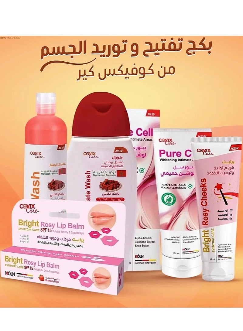 covix The brightening and enhancing set from Covex contains [Cool Intimate Wash', 'Pure Cell Whitening Intimate', 'Bright Rosy Cheeks', 'Bright Rosy Lip Balm', and 'Body Wash'] - Image 2