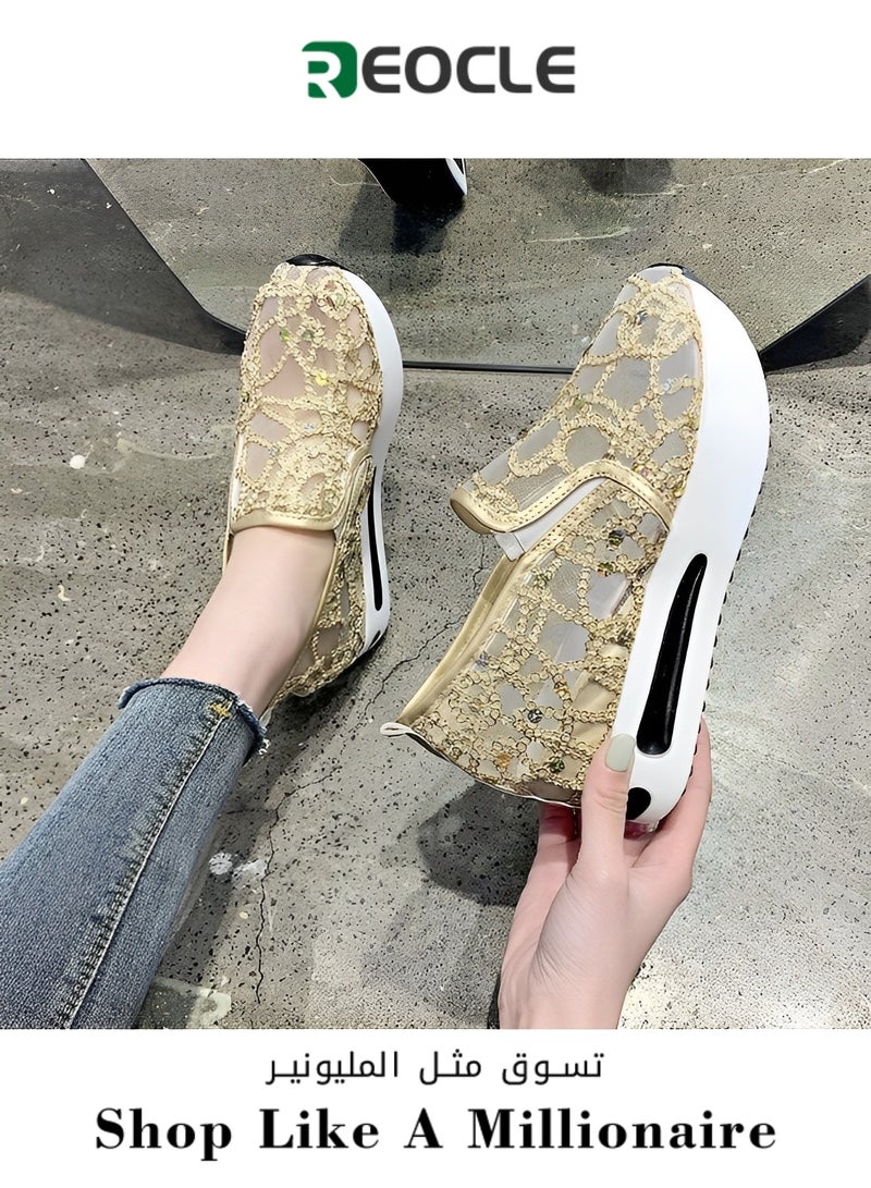 ريوكل حذاء نسائي بنعل سميك حذاء رياضي شبكي مع تطريز زهري حذاء شبكي كاجوال خفيف الوزن قابل للتنفس غير قابل للانزلاق - Image 1