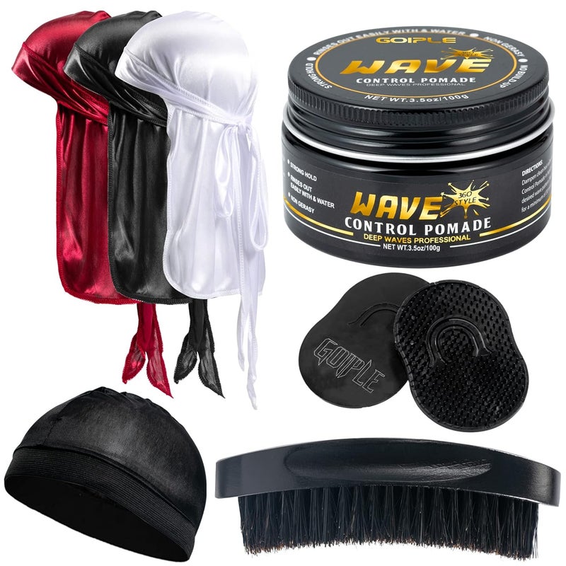 Goiple Hair Care Kit for Mens 360 Wave  Pomades for Strong Hold Easy Wash Moisture Control Silky Shine  Training Curved Brush Durag Cap Set Durag