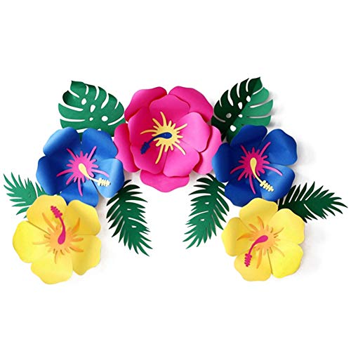 DomeStar Paper Flower Decorations, Luau Hibiscus and Tropical Leaves Multi-Colored Hibiscus Artificial Flowers Mexican Decorations for Hawaiian Party Aloha Party - Image 1