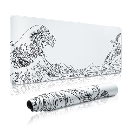 GMKWTL Large Gaming Mouse Pad for Desk,Kanagawa XXL Mouse Pad 35.4x15.7 Inch,Waterproof Desk Pad,Non-Slip Rubber Base Mice Pad,Keyboard Pad Computer Mat,White Mouse pad - Image 1