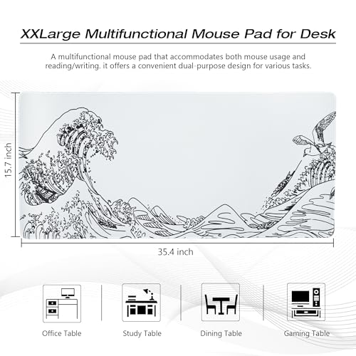 GMKWTL Large Gaming Mouse Pad for Desk,Kanagawa XXL Mouse Pad 35.4x15.7 Inch,Waterproof Desk Pad,Non-Slip Rubber Base Mice Pad,Keyboard Pad Computer Mat,White Mouse pad - Image 2