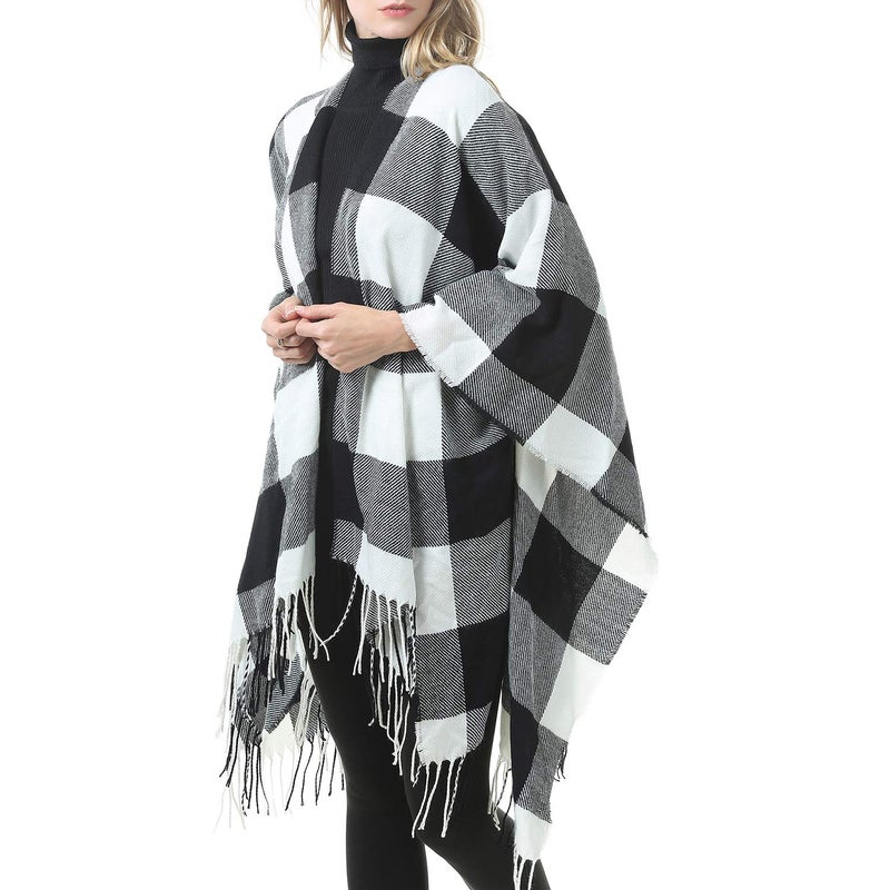 Zando Women's Shawl Open Front Poncho Printed Tassel Wrap Shawls Warm Blanket Scarf Oversized Cardigan Sweater Ponchos Pashmina Shawl Cape Winter Shawl Wraps for Women Beige White One Size - Image 5