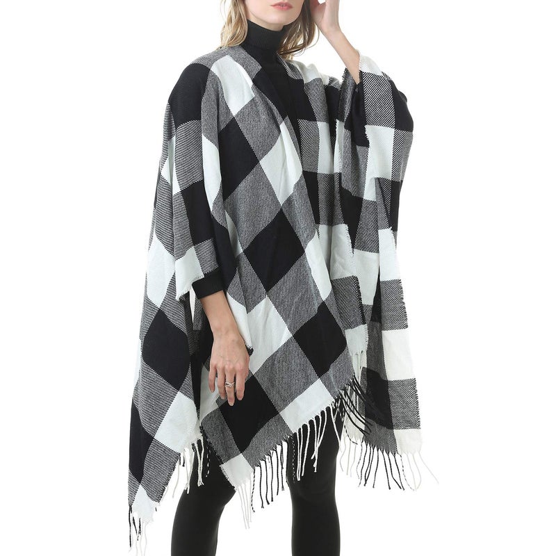 Zando Women's Shawl Open Front Poncho Printed Tassel Wrap Shawls Warm Blanket Scarf Oversized Cardigan Sweater Ponchos Pashmina Shawl Cape Winter Shawl Wraps for Women Beige White One Size - Image 4