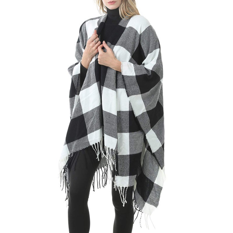 Zando Women's Shawl Open Front Poncho Printed Tassel Wrap Shawls Warm Blanket Scarf Oversized Cardigan Sweater Ponchos Pashmina Shawl Cape Winter Shawl Wraps for Women Beige White One Size - Image 2