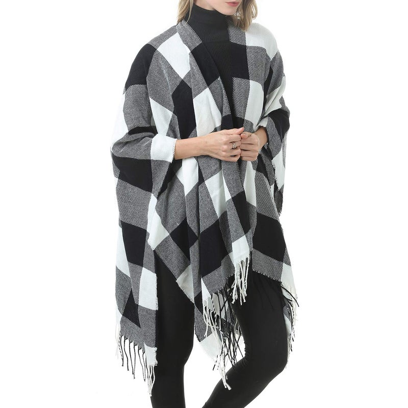 Zando Women's Shawl Open Front Poncho Printed Tassel Wrap Shawls Warm Blanket Scarf Oversized Cardigan Sweater Ponchos Pashmina Shawl Cape Winter Shawl Wraps for Women Beige White One Size - Image 3