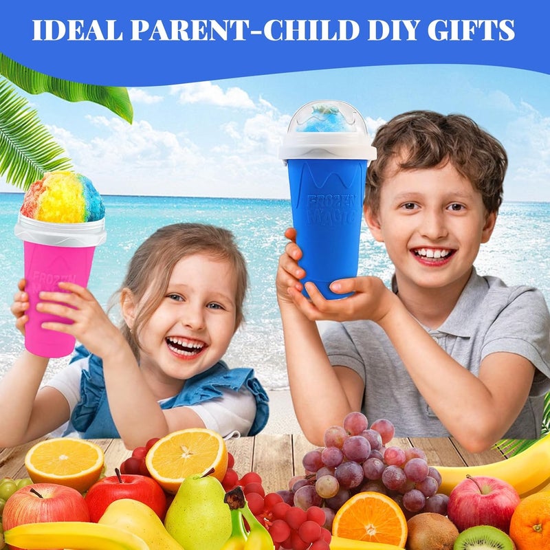 FANS-ONE Slushie Cup, 2 Pack Slushy Maker Cup, Frozen Magic Squeeze Cups for Juice Milk Yogurt Ice Cream Make, DIY Smoothie Cooling Cup with Lid & Straw for Kids Friends Family (Blue+Pink) - Image 5
