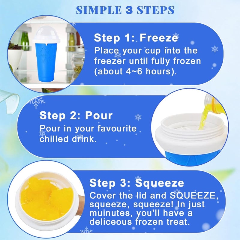 FANS-ONE Slushie Cup, 2 Pack Slushy Maker Cup, Frozen Magic Squeeze Cups for Juice Milk Yogurt Ice Cream Make, DIY Smoothie Cooling Cup with Lid & Straw for Kids Friends Family (Blue+Pink) - Image 2