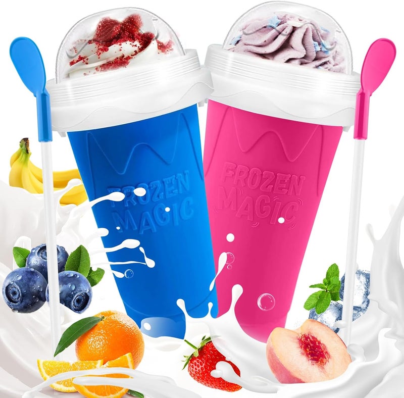FANS-ONE Slushie Cup, 2 Pack Slushy Maker Cup, Frozen Magic Squeeze Cups for Juice Milk Yogurt Ice Cream Make, DIY Smoothie Cooling Cup with Lid & Straw for Kids Friends Family (Blue+Pink) - Image 1