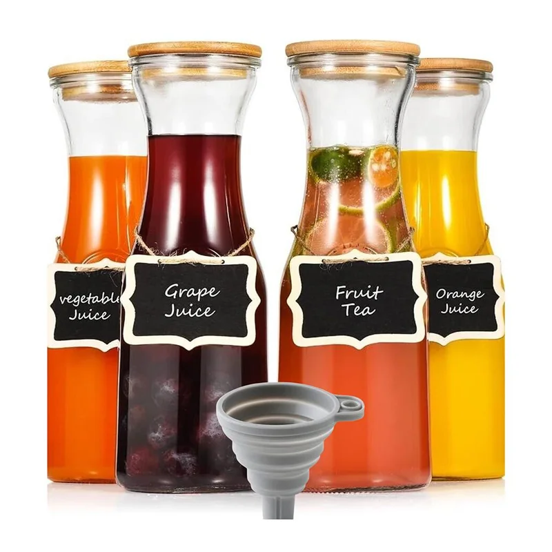 كويزيرا Glass Carafe Pitchers, Beverage Dispensers/Milk Bottles with Bamboo Lids and Tags, Set Of 4