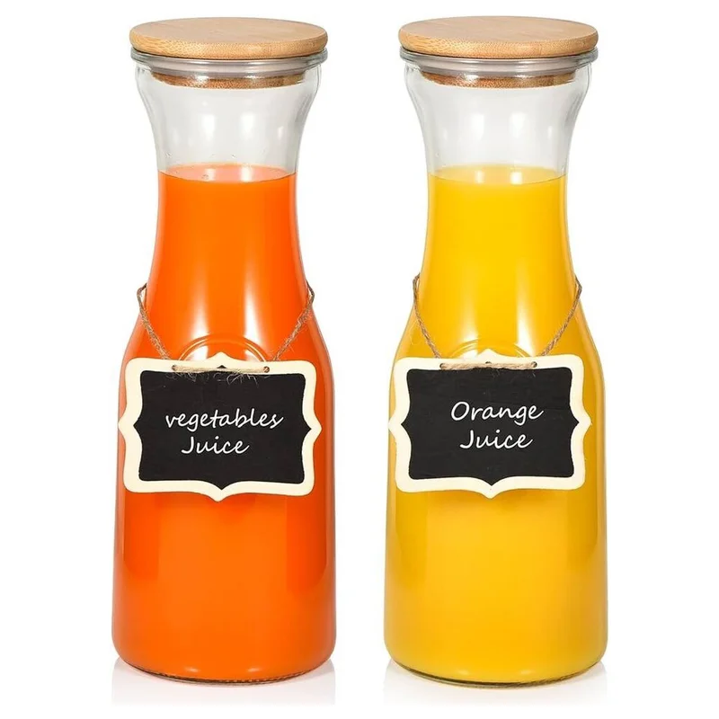 كويزيرا Glass Carafe Pitchers, Beverage Dispensers/Milk Bottles with Bamboo Lids and Tags, Set Of 4