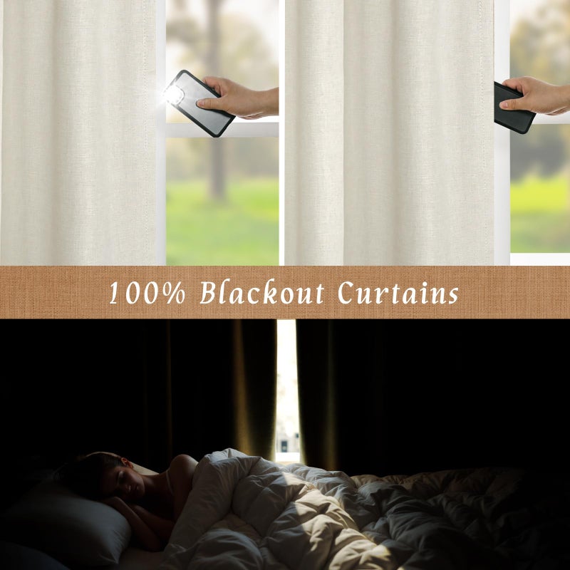 LAMIT Natural 100% Blackout Linen Curtains, 45 Inches Linen Textured Thermal Bedroom Curtains Back Tab and Rod Pocket Neutral Panels with White Liner for Farmhouse, 2 Panels, 38 x 45 Inch, Ivory - Image 3