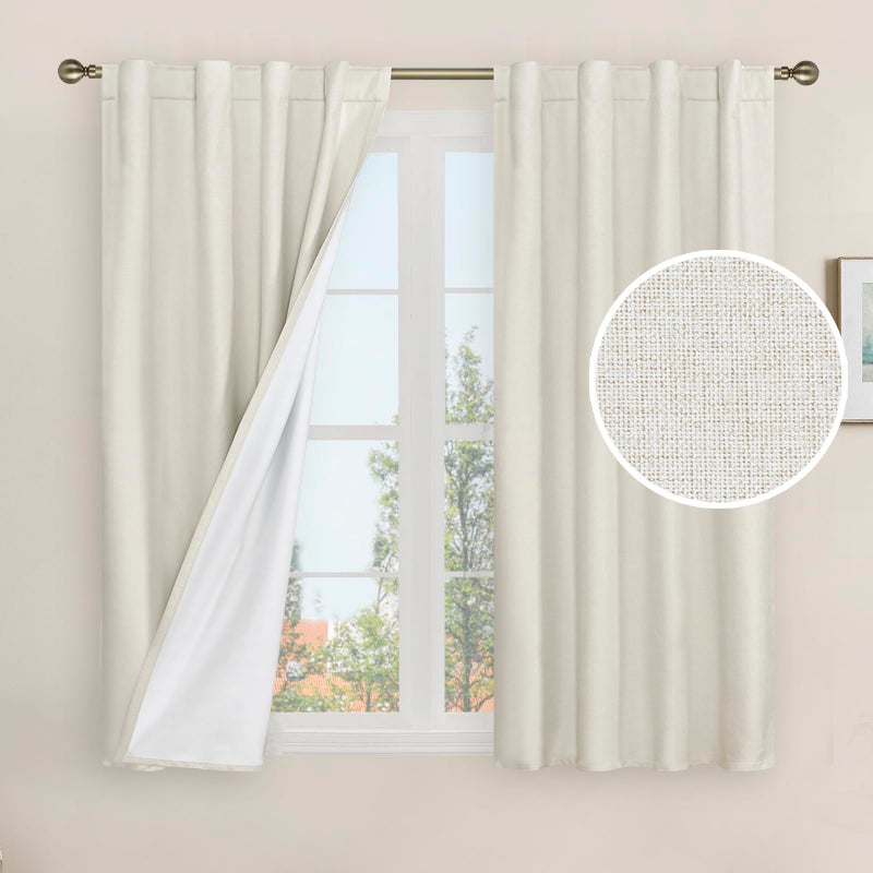 LAMIT Natural 100% Blackout Linen Curtains, 45 Inches Linen Textured Thermal Bedroom Curtains Back Tab and Rod Pocket Neutral Panels with White Liner for Farmhouse, 2 Panels, 38 x 45 Inch, Ivory - Image 1