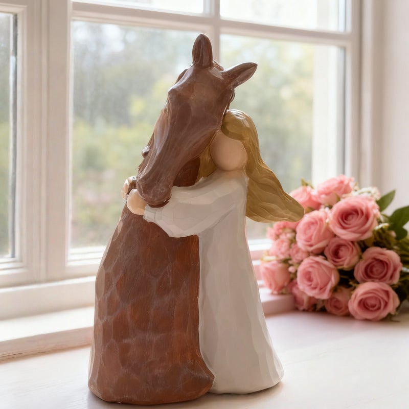 Resin Figure Girl Holding Horse Angel Ornament Home Decoration Desk Decor Craft - Image 1