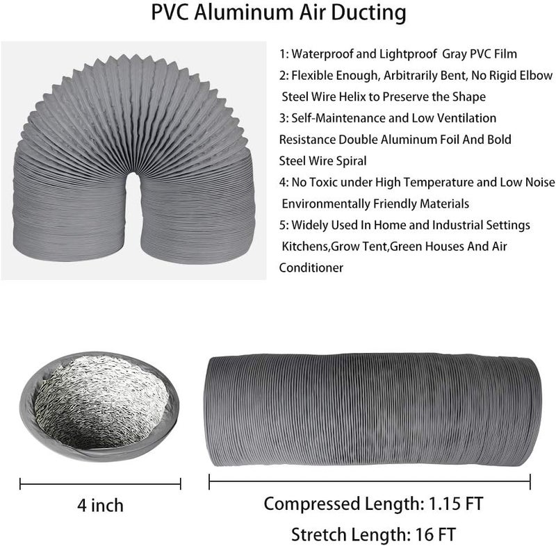 YIJUHOU 4 Inch 16FT Air Duct, Aluminum Clothing Dryer Vent Hose,Gray PVC Lightproof Exhaust Hose for Fan Filter and Grow Tent, 2 Clamps Include - Image 2