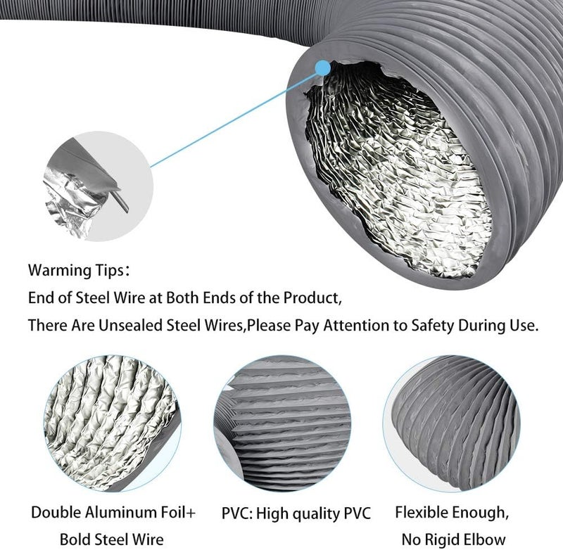 YIJUHOU 4 Inch 16FT Air Duct, Aluminum Clothing Dryer Vent Hose,Gray PVC Lightproof Exhaust Hose for Fan Filter and Grow Tent, 2 Clamps Include - Image 3