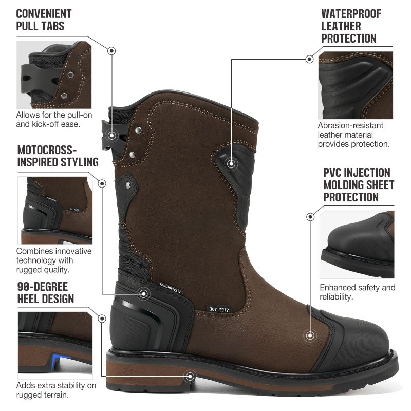 NINGO Steel Toe Work Boots for Men, Waterproof Safety Boots with All-Around Protection, Mens Square Toe Construction Boots with Slip Resistant & EH Protection, for Industrial Motorcycle - Image 2