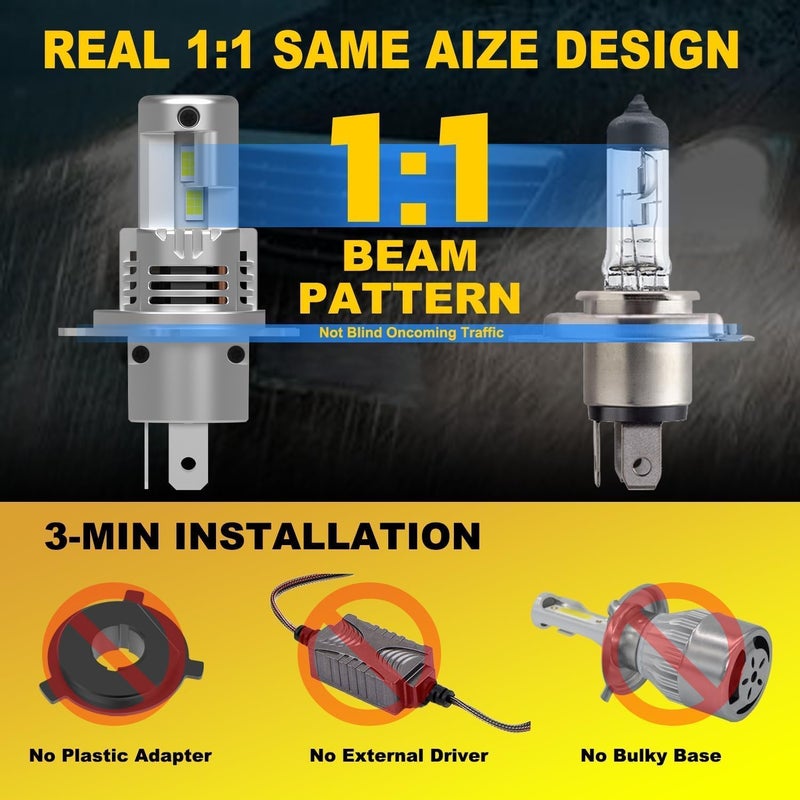 KIMLATAR H4 Light Bulbs Hi/Low Beam,Super Bright Upgraded 900% 50000LM Brightness,1:1 Halogen Mini Size, 10-Year Lifespan, Plug and Play, H4/9003 Fog Bulbs,Pack of 2 - Image 2