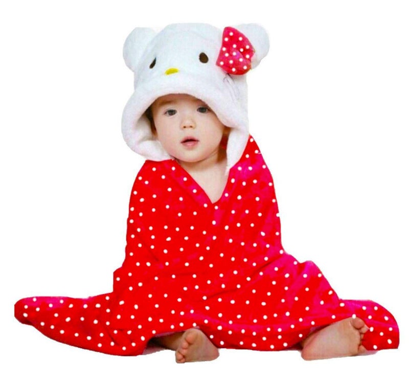 PANDAORIGINALS Baby Towel Bathrobe Hooded Blanket Wrapper | Hooded Towel for New Born | Hooded Bath Towel | Hooded Sleeping Bag| Baby Product | Baby Towel for 1-2 Years | Blanket For Kids (Red Polka Kitty) - Image 1