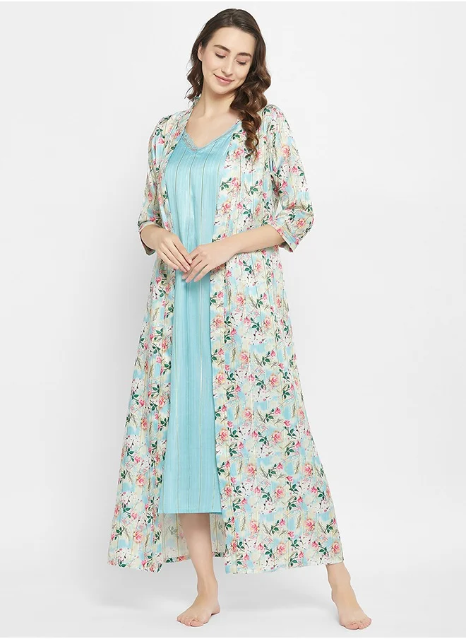 كلوفيا Clovia 2 Pc Set in Sky Blue - Short Night Dress & Floral Print Robe - Satin