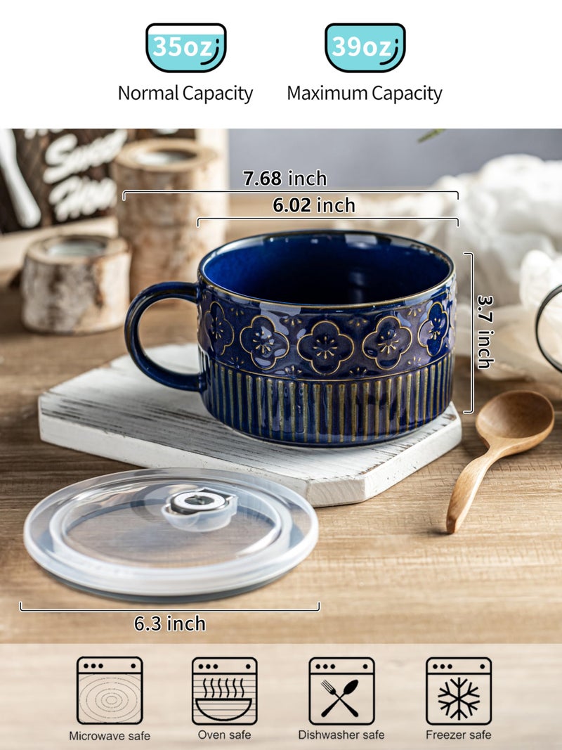 Gomakren Extra Large Soup Bowl with Handle, 39 Ounces Microwave Ramen Bowl, Ceramic Bowl with Lid, 6 Inch Soup Mug Cup for Cereal, Ramen, Instant Noodle, Cobalt Blue - Image 2
