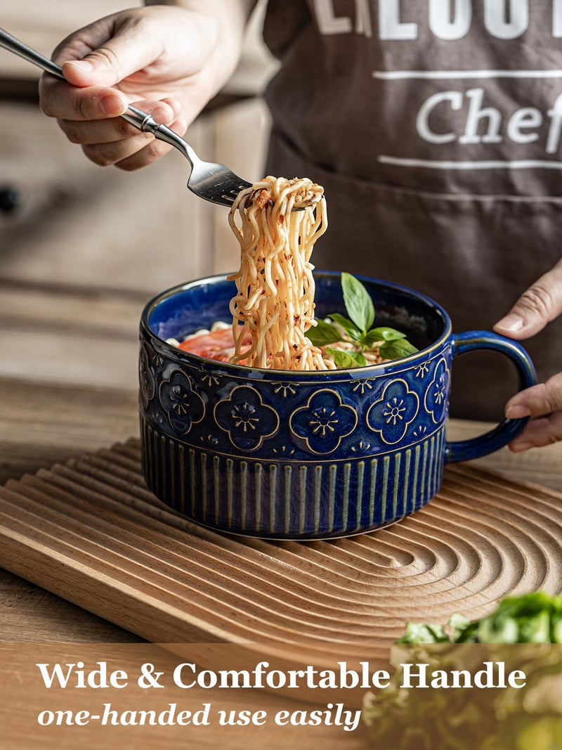 Gomakren Extra Large Soup Bowl with Handle, 39 Ounces Microwave Ramen Bowl, Ceramic Bowl with Lid, 6 Inch Soup Mug Cup for Cereal, Ramen, Instant Noodle, Cobalt Blue - Image 3