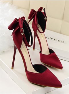 BIGTREE Sweet Shallow Mouth Pointed Bow Thin High Heels 10CM Wine Red 