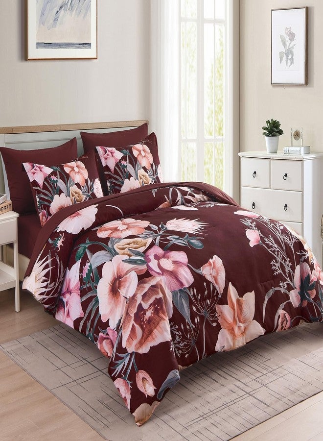 Luxudecor طقم لحاف فاخر من لوكسوديكور، لون عنابي مزهر، مقاس كوين، 7 قطع، طقم سرير مزهر، لحاف أنيق مزهر مع طقم ملاءات، طقم مفروشات ناعم من الألياف الدقيقة مناسب لجميع الفصول (عنابي، 90 بوصة × 90 بوصة). - Image 2