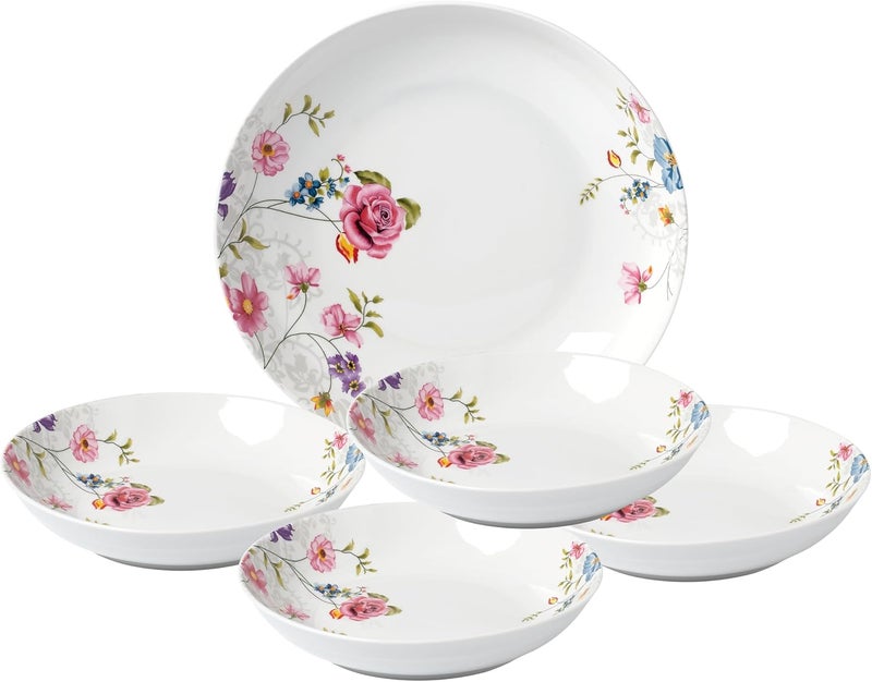 Lorren Home Trends 5 Piece Porcelain Pasta Set 1 Serving Bowl and 4 Individual Bowls Floral Design - Image 1