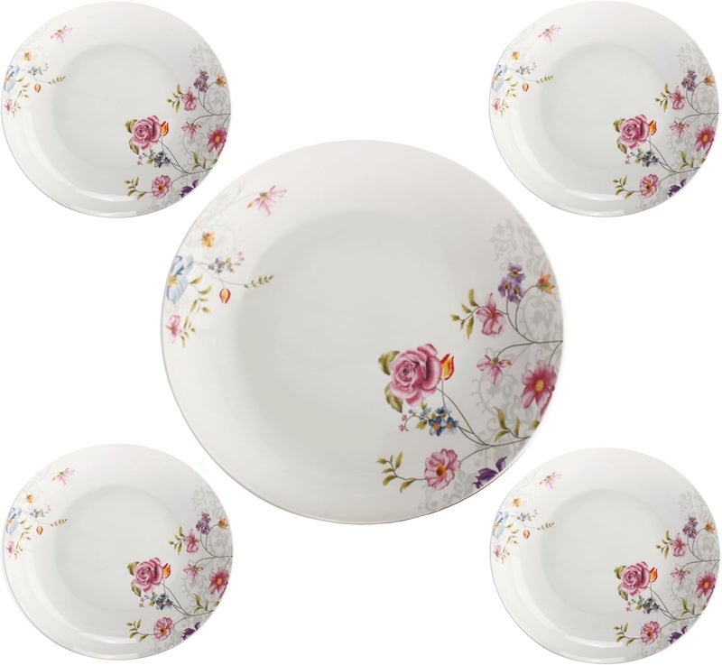 Lorren Home Trends 5 Piece Porcelain Pasta Set 1 Serving Bowl and 4 Individual Bowls Floral Design - Image 3