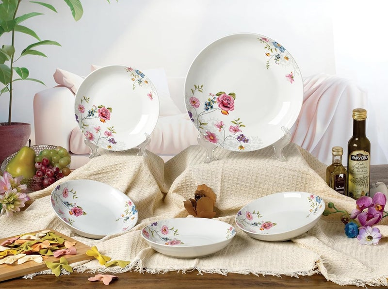 Lorren Home Trends 5 Piece Porcelain Pasta Set 1 Serving Bowl and 4 Individual Bowls Floral Design - Image 4