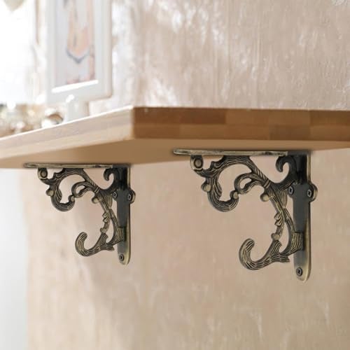 GHAR DWAR Metal Handcrafted Shelf Bracket for Floating Shelves L Angle Decorative L Shaped Corner Brace Joint Heavy Duty Wall Mounted Shelf Supporter Corner Brace Holder (Pack of 2, Brass Antique) - Image 1