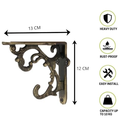 GHAR DWAR Metal Handcrafted Shelf Bracket for Floating Shelves L Angle Decorative L Shaped Corner Brace Joint Heavy Duty Wall Mounted Shelf Supporter Corner Brace Holder (Pack of 2, Brass Antique) - Image 2