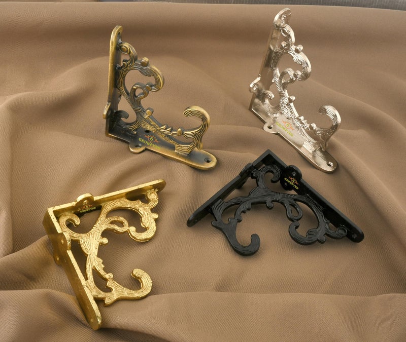 GHAR DWAR Metal Handcrafted Shelf Bracket for Floating Shelves L Angle Decorative L Shaped Corner Brace Joint Heavy Duty Wall Mounted Shelf Supporter Corner Brace Holder (Pack of 2, Brass Antique) - Image 4