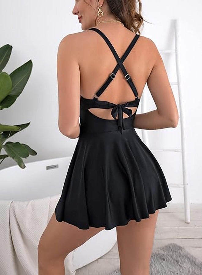 Women Cutout One Piece Skirt Swimsuit V Neck Wrap Tie Back Swimdress Tummy Control Bathing Suit M - Image 5