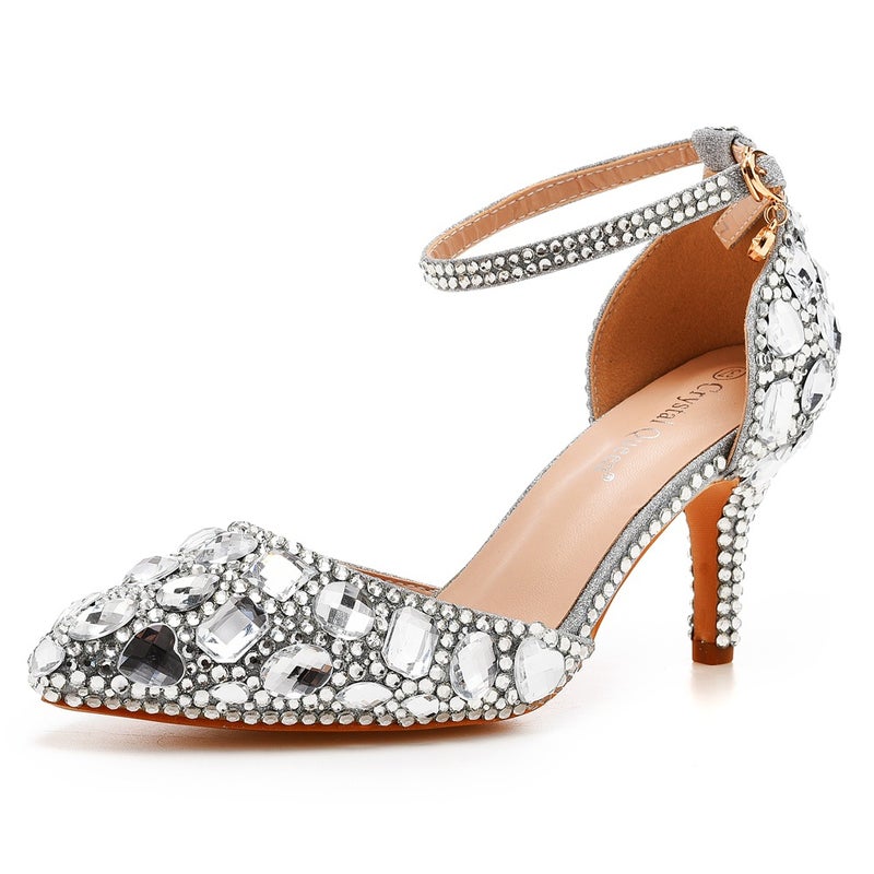 7Cm Large Size Sandals Stiletto Heel Pointed Rhinestone High Heel Sandals Golden Rhinestone High Heels Wedding Shoes - Image 1
