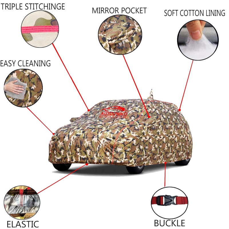 AUTOUNIKO Waterproof Car Body Cover for Maruti Suzuki Ertiga with Mirror and Antenna Pocket and Soft Cotton Lining (Full Bottom Elastic Triple Stitched) (Jungle Print with Red Piping) - Image 2