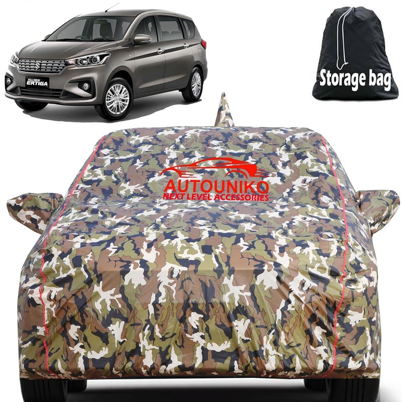 AUTOUNIKO Waterproof Car Body Cover for Maruti Suzuki Ertiga with Mirror and Antenna Pocket and Soft Cotton Lining (Full Bottom Elastic Triple Stitched) (Jungle Print with Red Piping) - Image 1