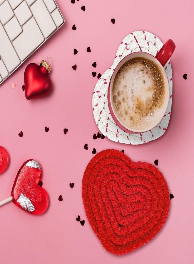 وولاين قواعد أكواب على شكل قلب من والين، مصنوعة يدويًا من القطن المضفر، باللونين الأحمر والأبيض، ماصة للماء، مع حامل، مثالية لحفلات عيد الأم، ديكور المنزل والمكتب، وهدايا الانتقال إلى منزل جديد، 4 قطع - Image 5