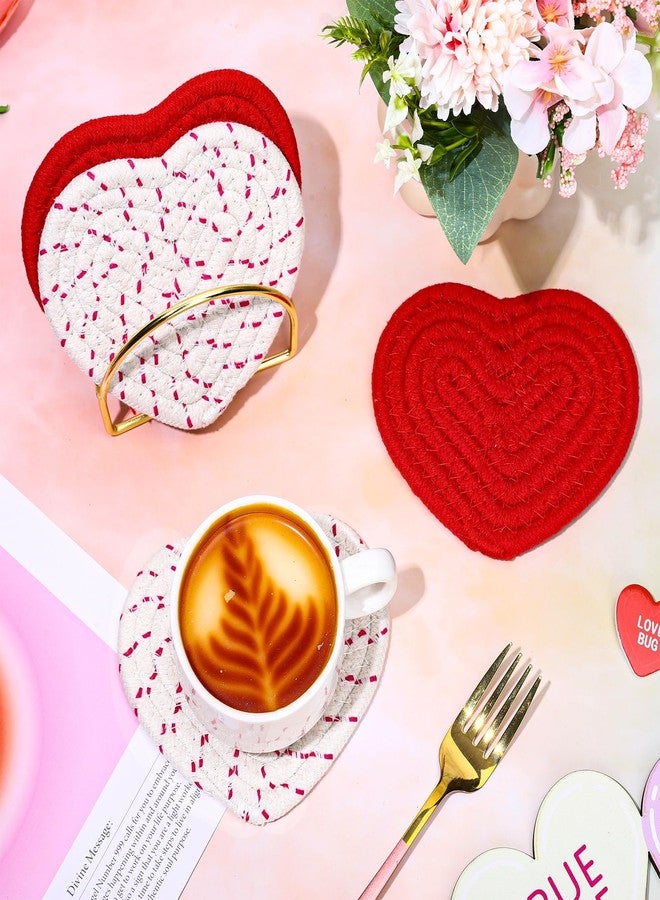 وولاين قواعد أكواب على شكل قلب من والين، مصنوعة يدويًا من القطن المضفر، باللونين الأحمر والأبيض، ماصة للماء، مع حامل، مثالية لحفلات عيد الأم، ديكور المنزل والمكتب، وهدايا الانتقال إلى منزل جديد، 4 قطع - Image 4